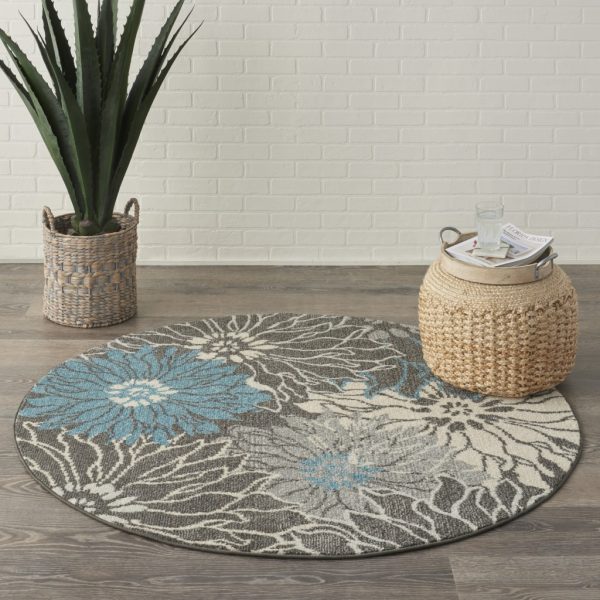4?Round Charcoal and Blue Big Flower Area Rug - Image 4