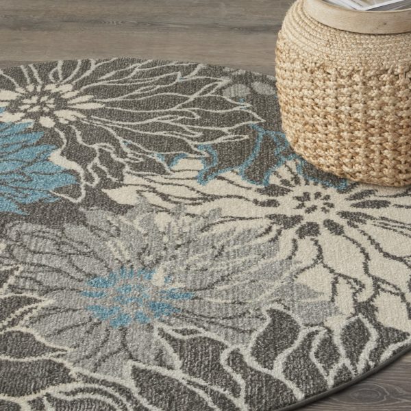 4?Round Charcoal and Blue Big Flower Area Rug - Image 5