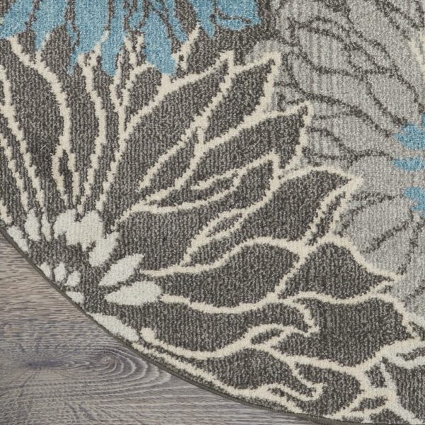 5?Round Charcoal and Blue Big Flower Area Rug - Image 2