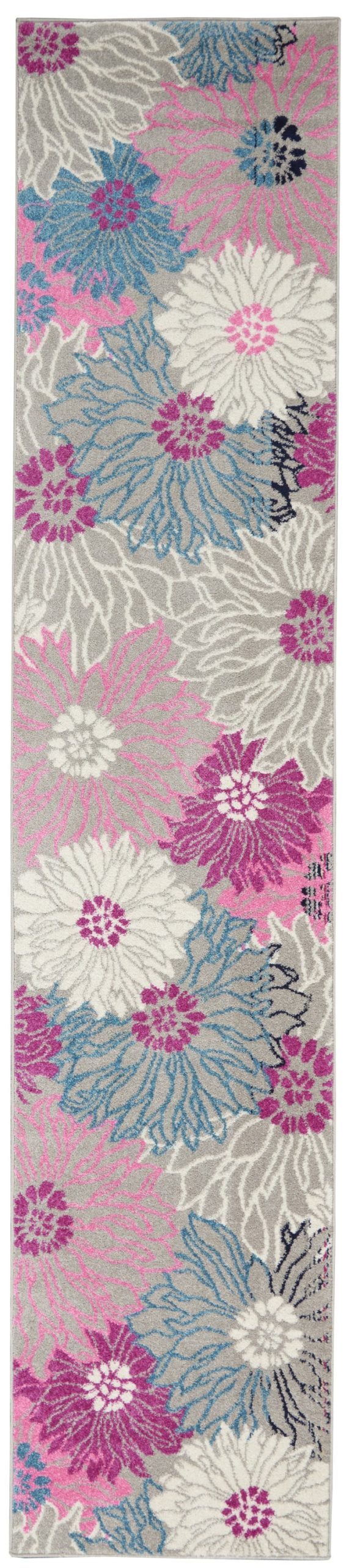2?x 10?Gray and Pink Tropical Flower Runner Rug