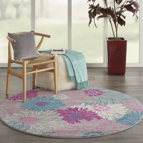 5?Round Gray and Pink Tropical Flower Area Rug - Image 4