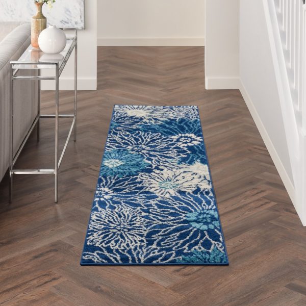 2?x 6?Navy and Ivory Floral Runner Rug - Image 2