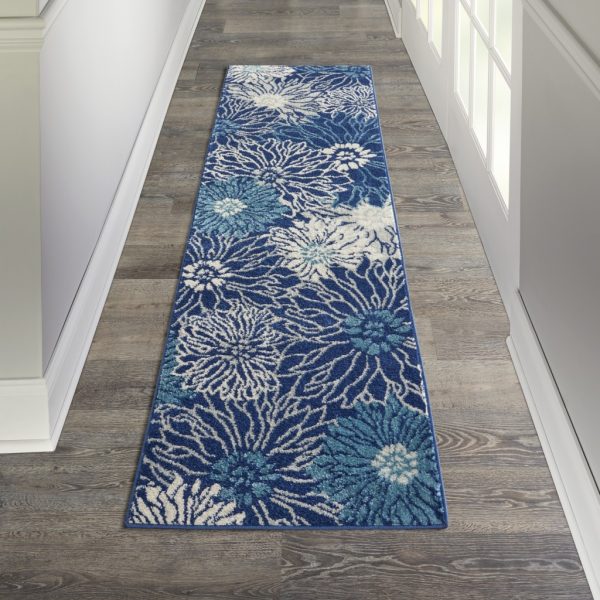 2?x 8?Navy and Ivory Floral Runner Rug - Image 4