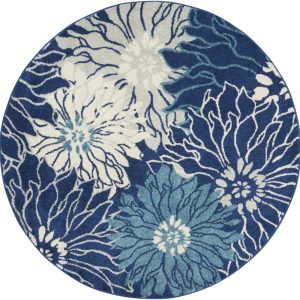 5?Round Navy and Ivory Floral Area Rug