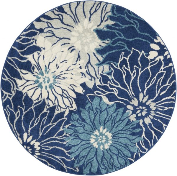 5?Round Navy and Ivory Floral Area Rug