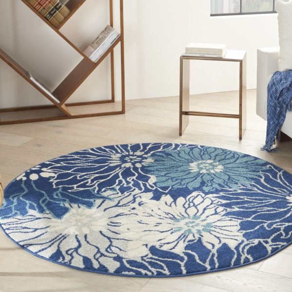 5?Round Navy and Ivory Floral Area Rug - Image 2