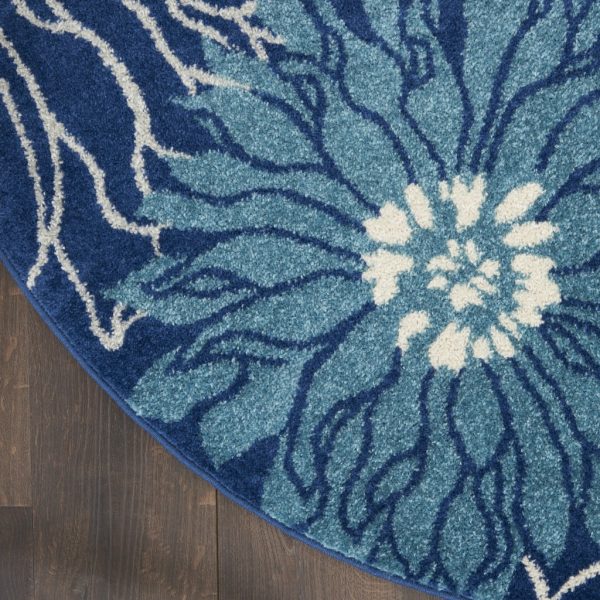 5?Round Navy and Ivory Floral Area Rug - Image 4
