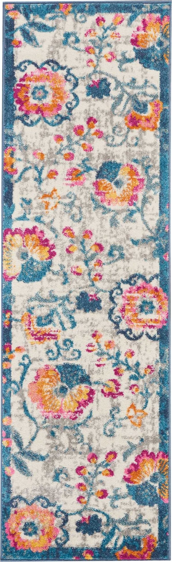 2?x 6?Ivory and Blue Floral Vines Runner Rug