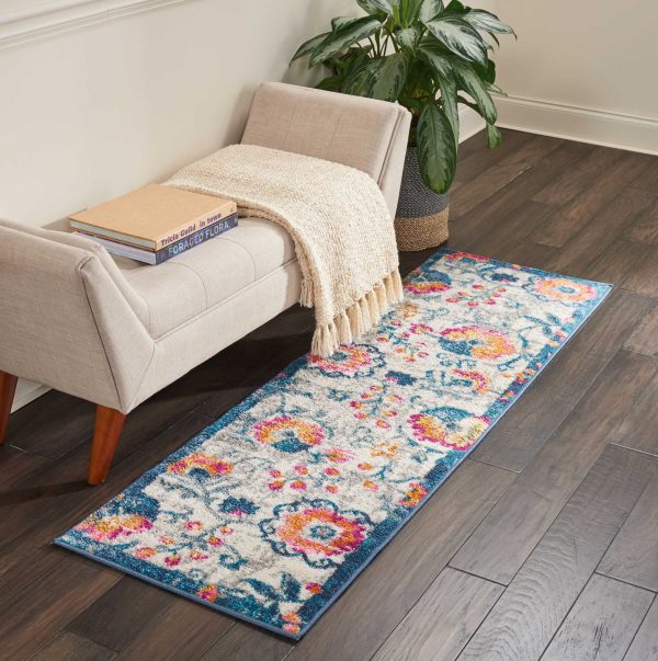 2?x 6?Ivory and Blue Floral Vines Runner Rug - Image 4