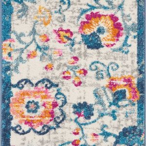 2?x 3?Ivory and Blue Floral Vines Scatter Rug