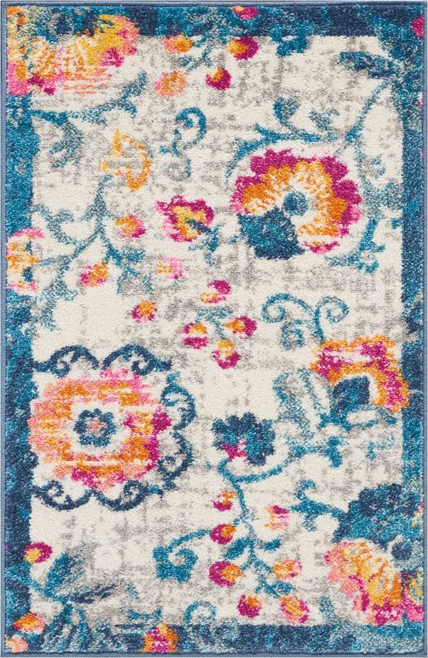 2?x 3?Ivory and Blue Floral Vines Scatter Rug
