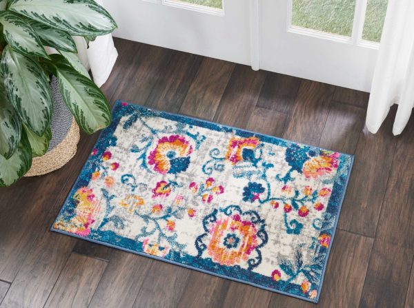 2?x 3?Ivory and Blue Floral Vines Scatter Rug - Image 4