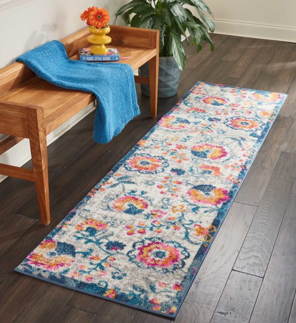 2?x 8?Ivory and Blue Floral Vines Runner Rug - Image 3