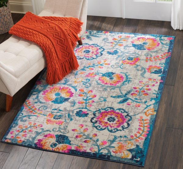 4?x 6?Ivory and Blue Floral Vines Area Rug - Image 5