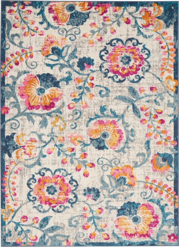 5?x 7?Ivory and Blue Floral Vines Area Rug
