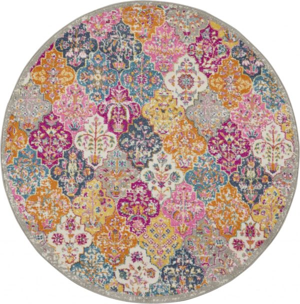 5?Round Muted Brights Floral Diamond Area Rug