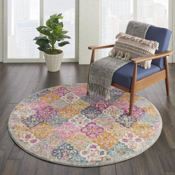 5?Round Muted Brights Floral Diamond Area Rug - Image 4