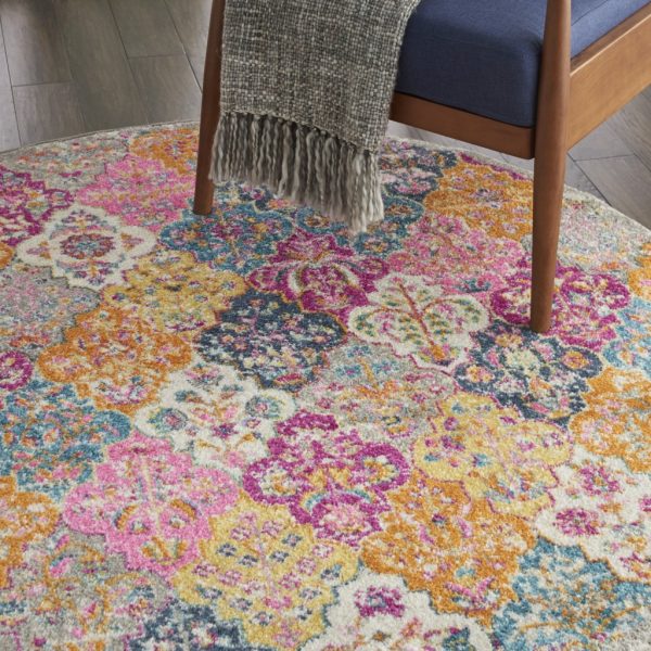 5?Round Muted Brights Floral Diamond Area Rug - Image 5