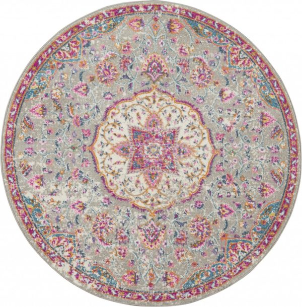 4?Round Gray and Pink Medallion Area Rug