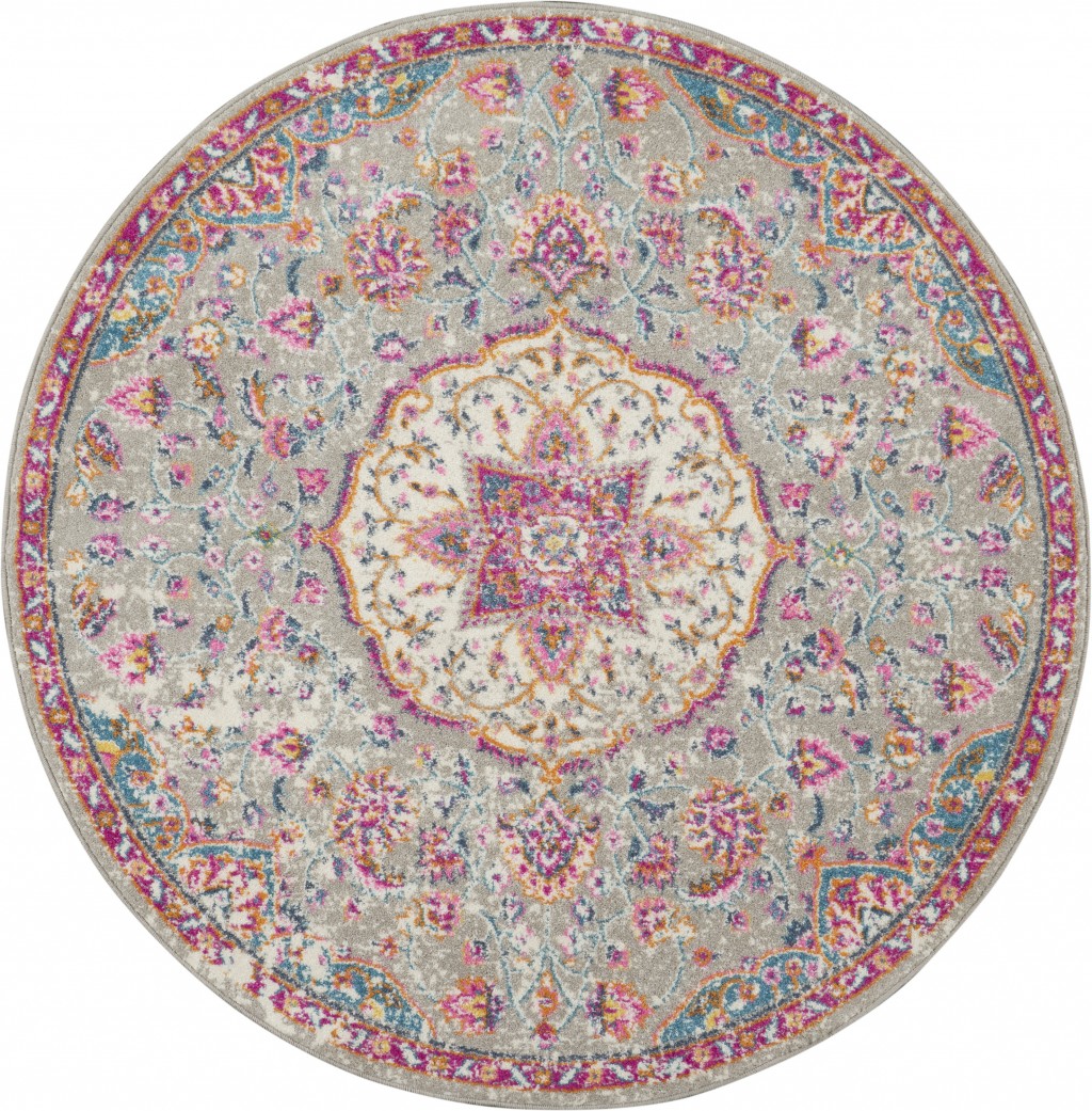 4?Round Gray and Pink Medallion Area Rug