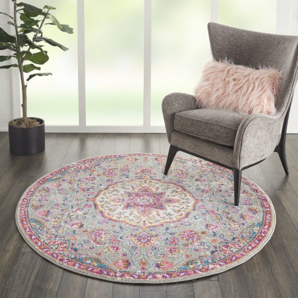 4?Round Gray and Pink Medallion Area Rug - Image 4