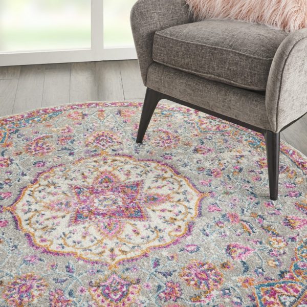 4?Round Gray and Pink Medallion Area Rug - Image 5