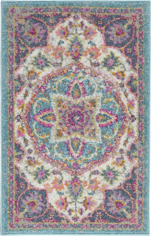2?x 3?Pink and Blue Floral Medallion Scatter Rug