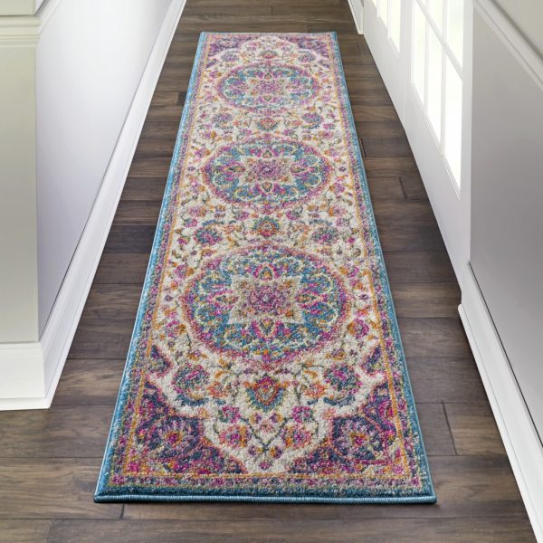 2?x 6?Pink and Blue Floral Medallion Runner Rug - Image 4