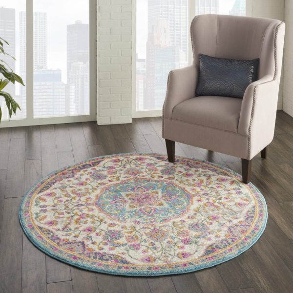 4?Round Pink and Blue Floral Medallion Area Rug - Image 5