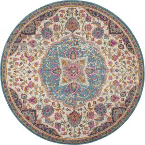 5?Round Pink and Blue Floral Medallion Area Rug