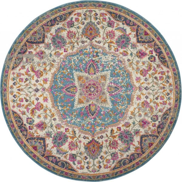 5?Round Pink and Blue Floral Medallion Area Rug