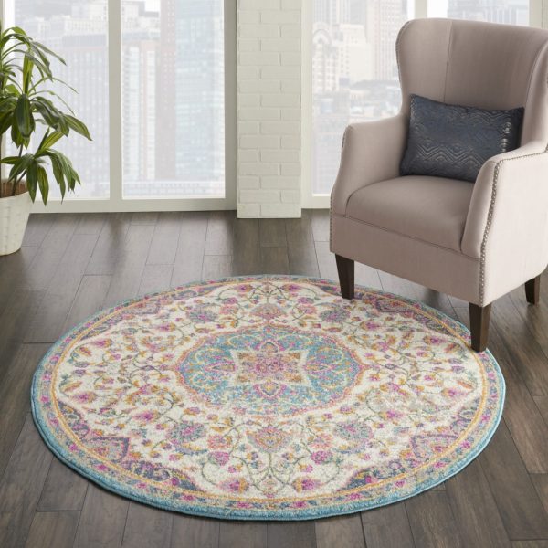 5?Round Pink and Blue Floral Medallion Area Rug - Image 3