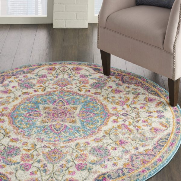 5?Round Pink and Blue Floral Medallion Area Rug - Image 4