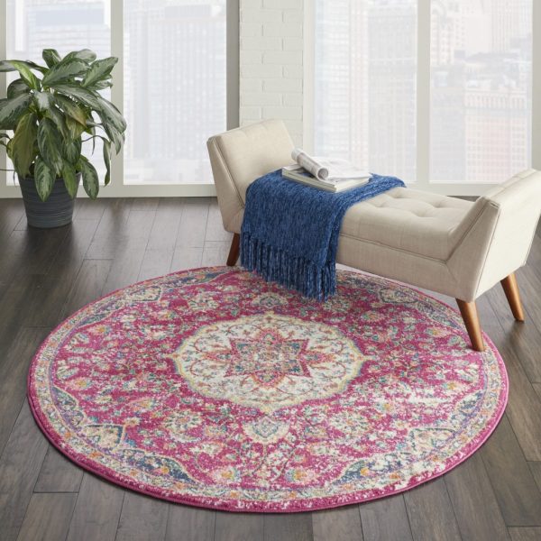 5?Round Pink and Ivory Medallion Area Rug - Image 4
