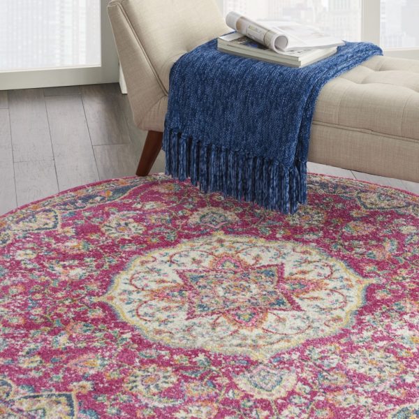 5?Round Pink and Ivory Medallion Area Rug - Image 5