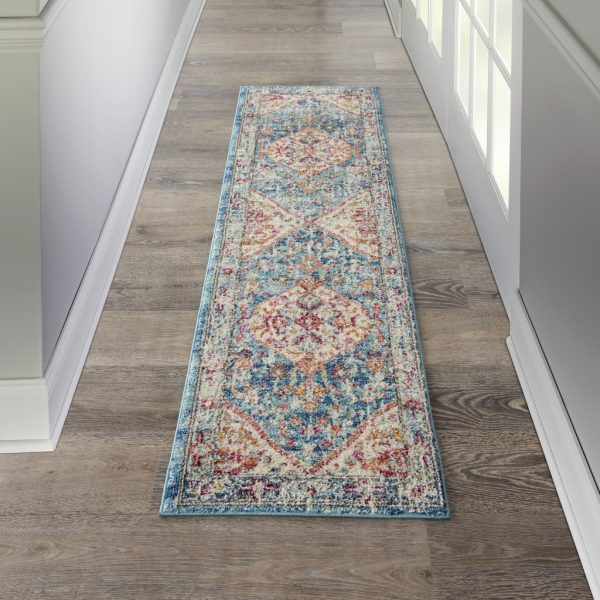 2?x 8?Ivory and Light Blue Distressed Runner Rug - Image 4