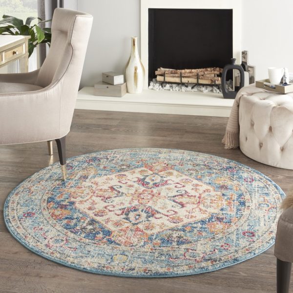 4?Round Ivory and Light Blue Distressed Area Rug - Image 4