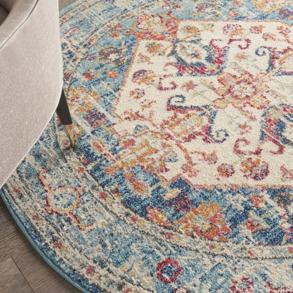 4?Round Ivory and Light Blue Distressed Area Rug - Image 5