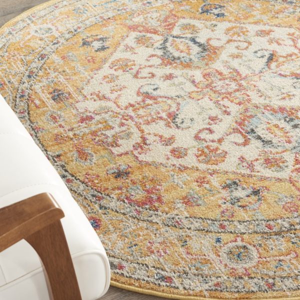 4?Round Ivory and Yellow Center Medallion Area Rug - Image 5