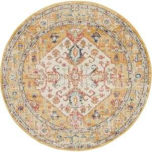 5?Round Ivory and Yellow Center Medallion Area Rug