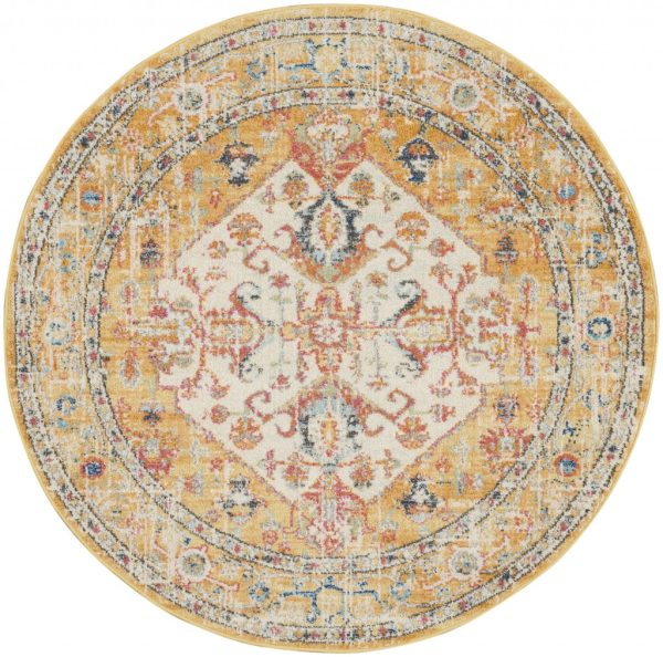 5?Round Ivory and Yellow Center Medallion Area Rug