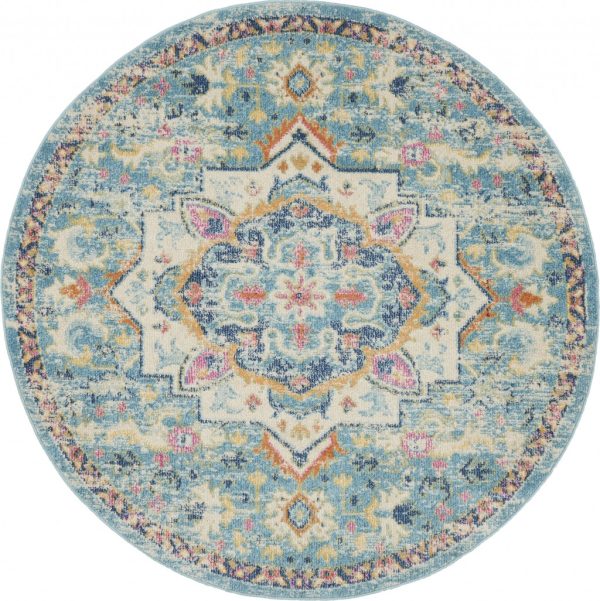 5?Round Light Blue and Ivory Distressed Area Rug