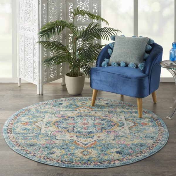 5?Round Light Blue and Ivory Distressed Area Rug - Image 4