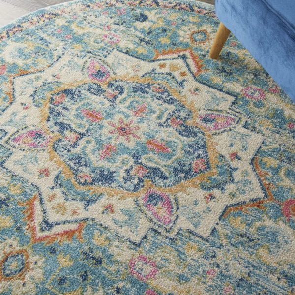 5?Round Light Blue and Ivory Distressed Area Rug - Image 5