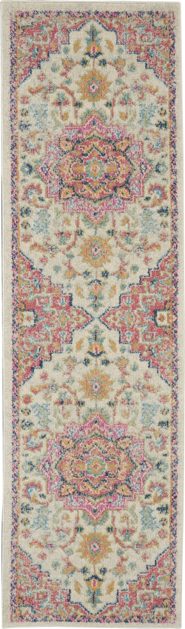 2?x 6?Ivory and Pink Medallion Runner Rug