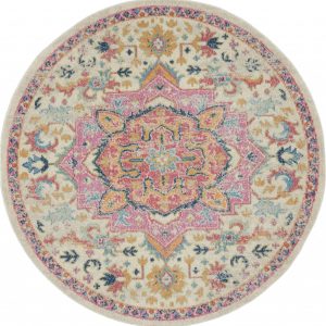 5?Round Ivory and Pink Medallion Area Rug
