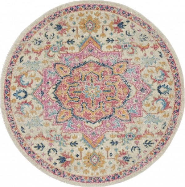 5?Round Ivory and Pink Medallion Area Rug