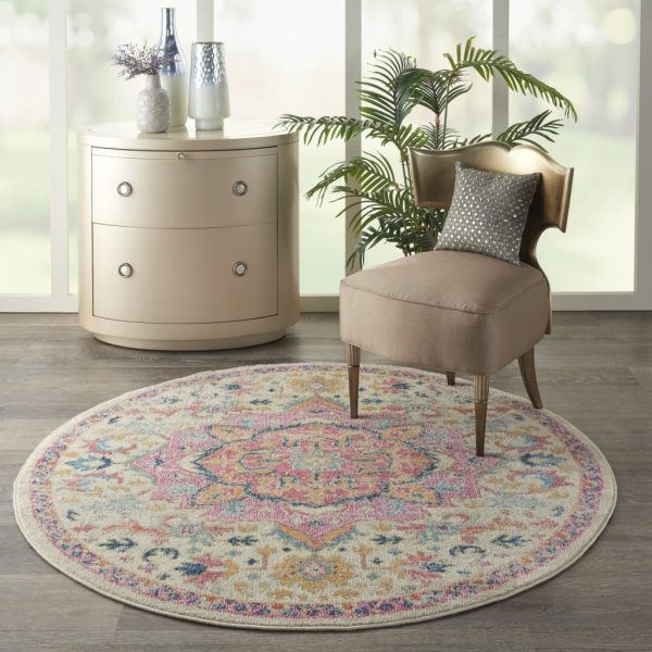 5?Round Ivory and Pink Medallion Area Rug - Image 4