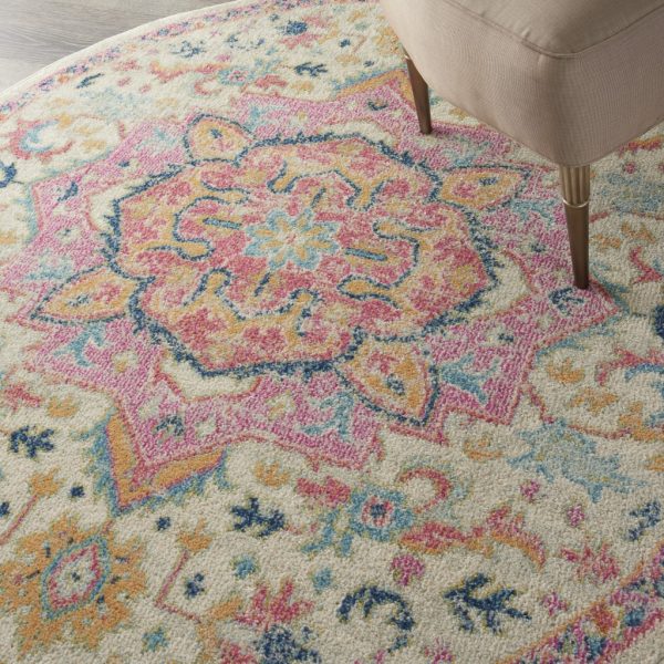 5?Round Ivory and Pink Medallion Area Rug - Image 5