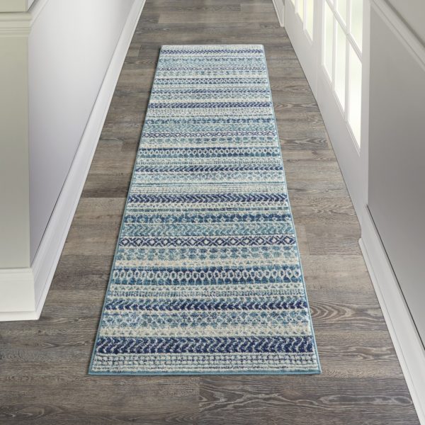 2?x 8?Navy Blue Ornate Stripes Runner Rug - Image 4